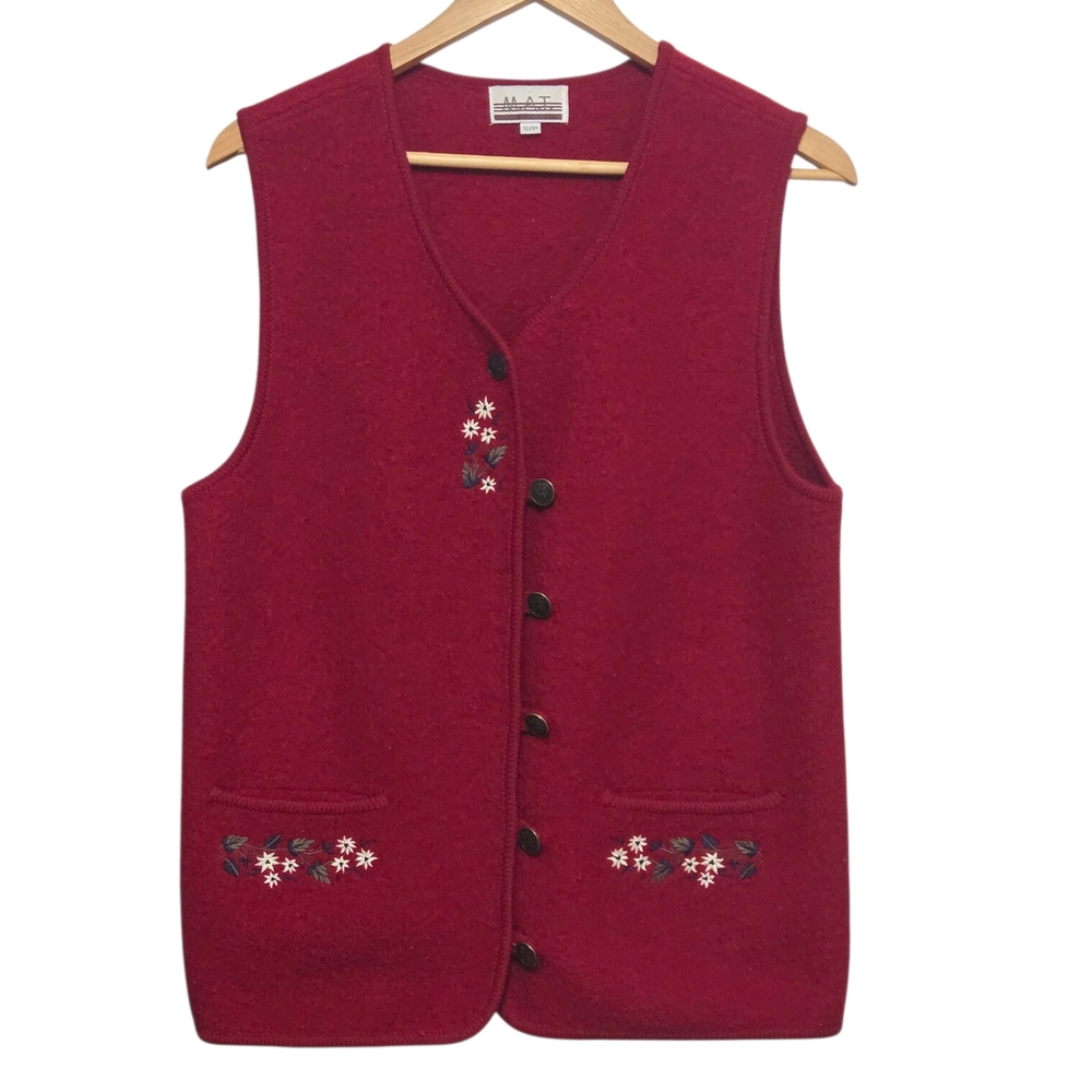 Vintage M.A.T Red Floral Embroidered Wool Button-Up Vests  Womens Size Small